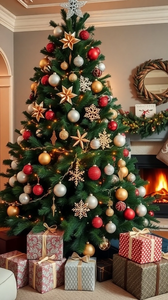 A stylishly decorated Christmas tree with ornaments and lights in a cozy living room.